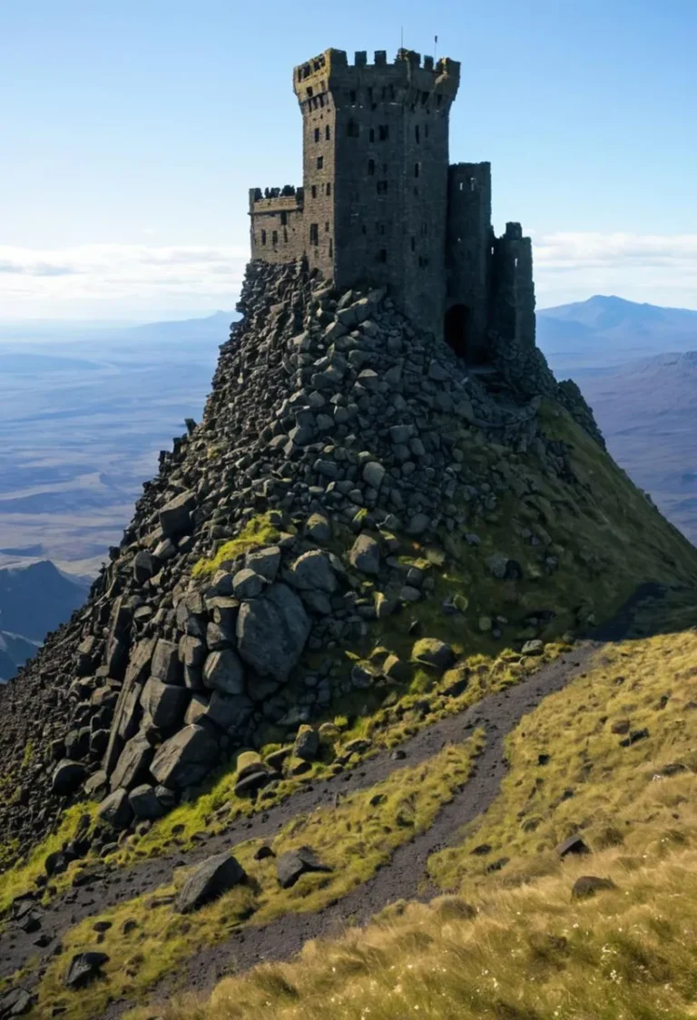 Stone castle on a rocky mountain top, AI generated using Stable Diffusion.