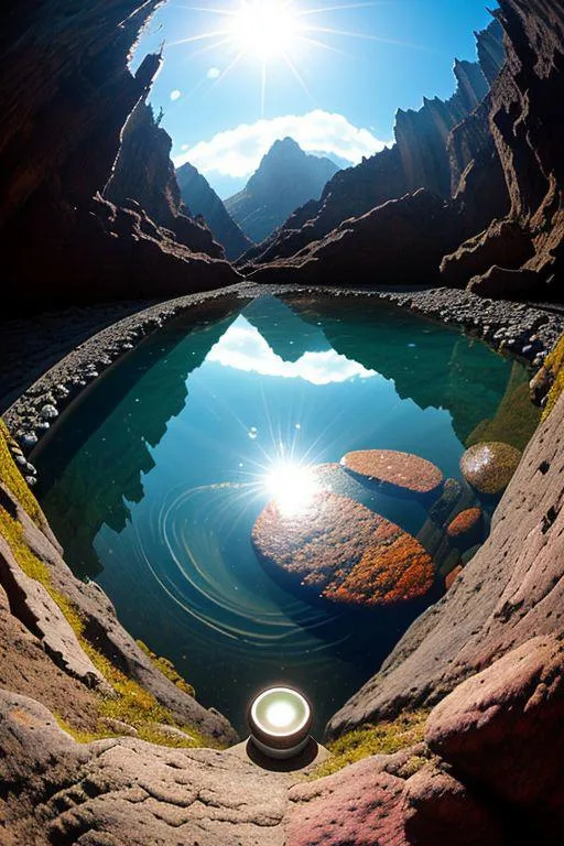 A sunlit mountain landscape featuring a crystal-clear pool surrounded by canyon walls, AI generated using stable diffusion.