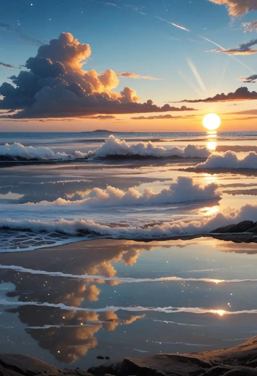 A sunset beach scene with ocean waves crashing onto the shore, reflecting vibrant clouds in the wet sand. Emphasize that this is an AI generated image using Stable Diffusion.