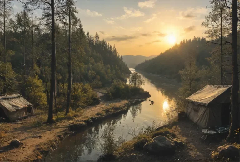 AI generated image using Stable Diffusion showing a serene campsite along a river at sunset with tents and surrounding tall trees.