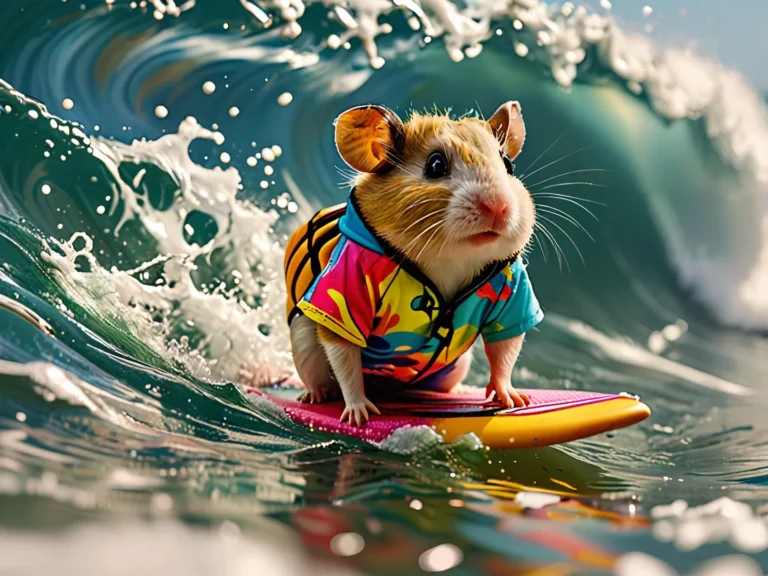 A hamster with a colorful jacket surfing on a wave. AI generated image using stable diffusion.