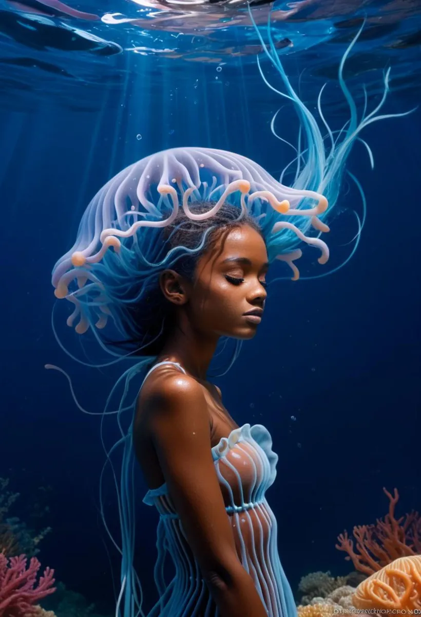 An AI generated image using Stable Diffusion of an ethereal underwater scene featuring a woman with bioluminescent jellyfish-like attire.