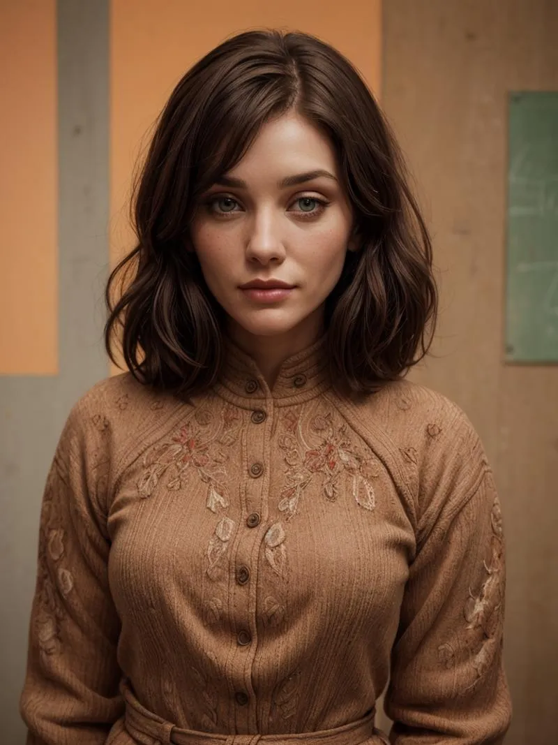 Vintage portrait of a young woman in a brown dress with intricate embroidery, generated using AI Stable Diffusion.