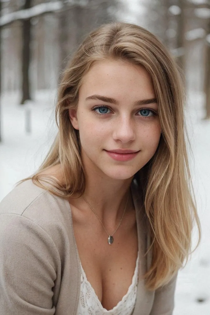 A detailed winter portrait of a young, blue-eyed woman with blonde hair, dressed in a light beige cardigan and white lace top, set against a snowy background with trees. An AI generated image using Stable Diffusion.