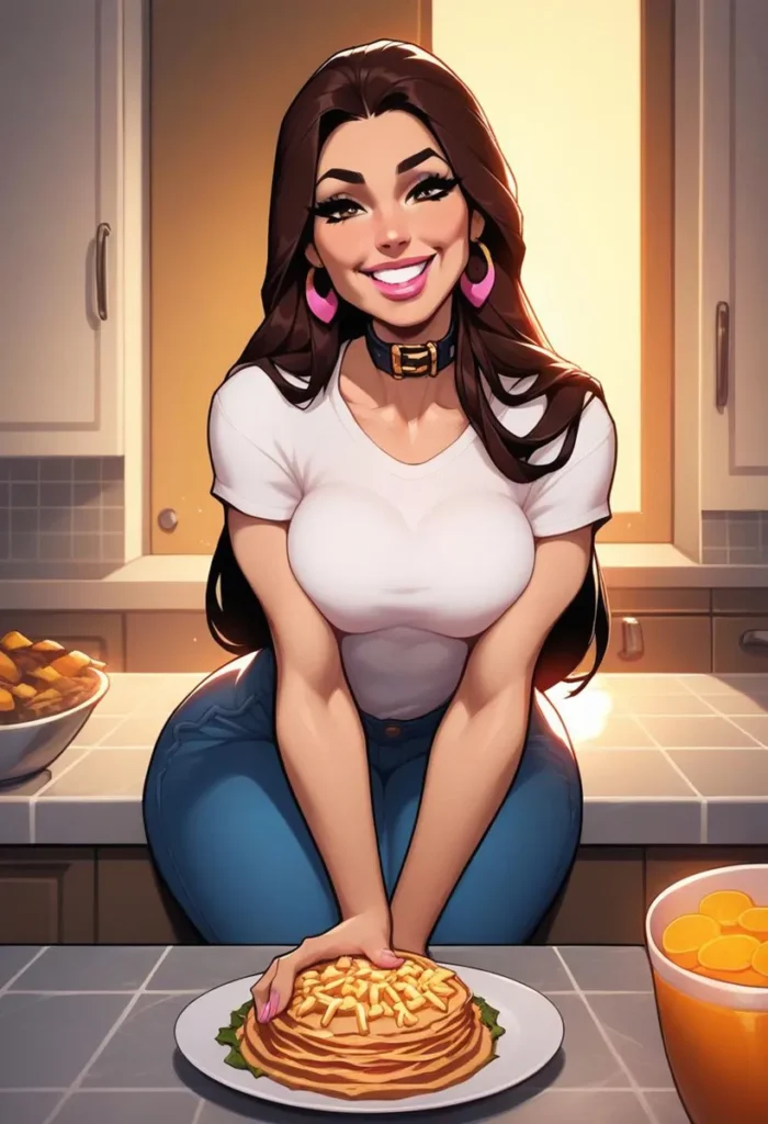 Stylized image of a smiling woman in a kitchen, preparing to serve a plate of pancakes. This is an ai generated image using stable diffusion.