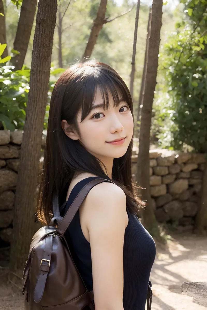 A young woman standing outdoors in a nature setting, created using Stable Diffusion AI image generation.