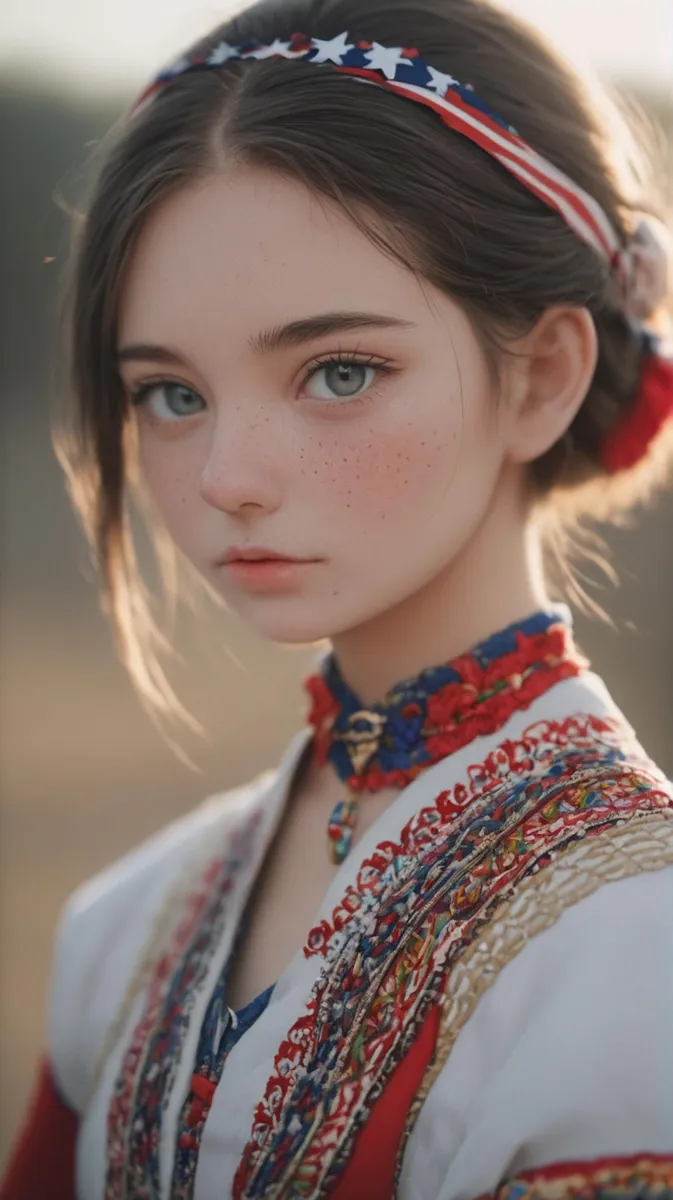 A young woman with blue eyes and freckles, wearing traditional embroidered attire and a patriotic headband, created using stable diffusion AI technology.