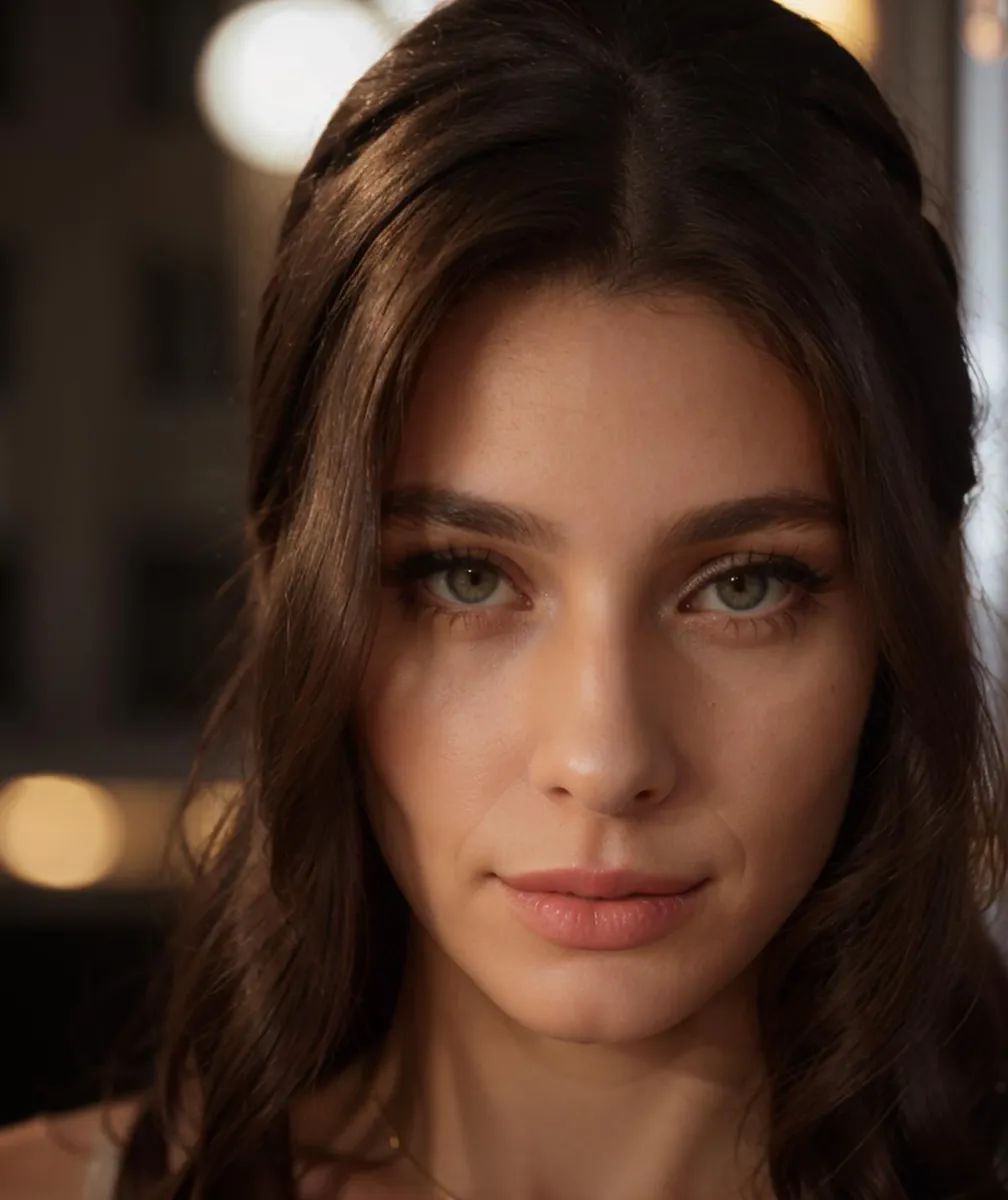 A realistic portrait of a woman with long brown hair, looking directly at the camera. AI generated image using Stable Diffusion.