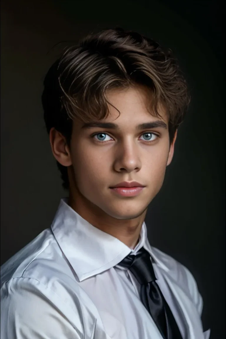 AI generated image of a young man with blue eyes and brown hair, wearing a white shirt and black tie, gazing intently at the camera using Stable Diffusion.