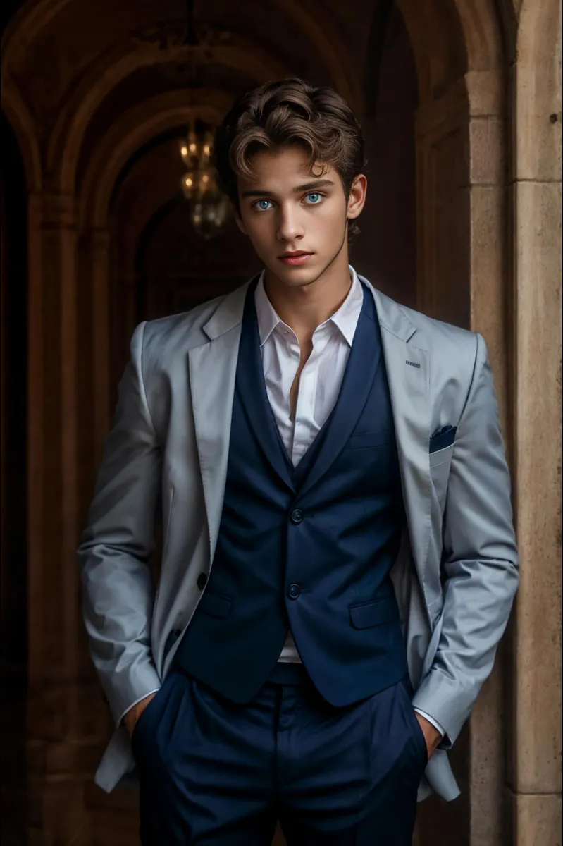 A young man with striking blue eyes in a formal attire. Rendered using AI-generated image through Stable Diffusion, standing in a dimly lit archway.