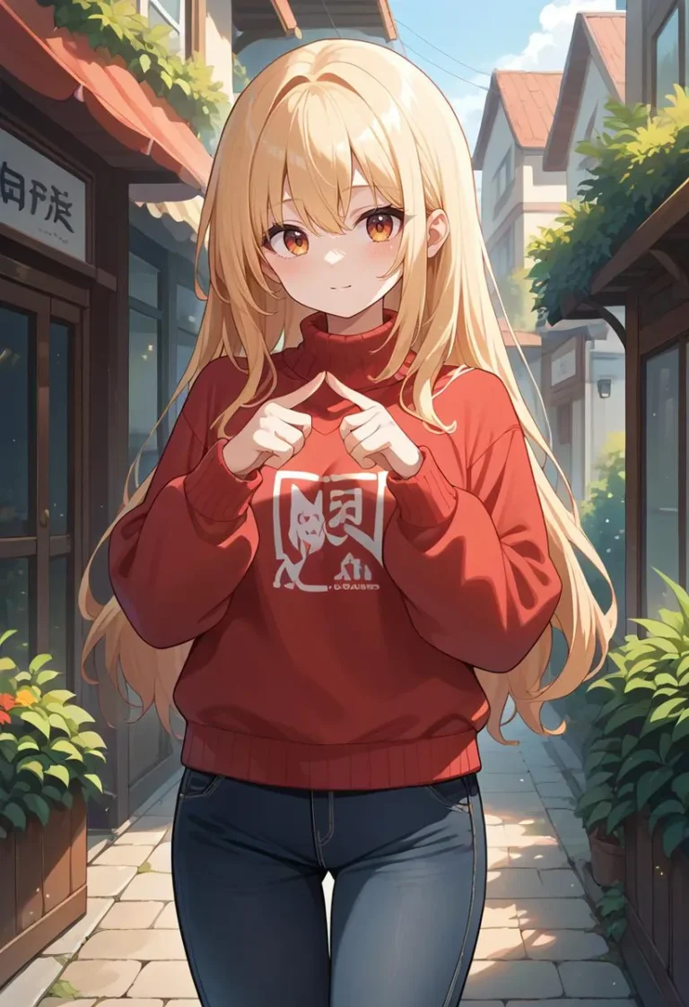 A girl with long hair in a red sweater stands outdoors with index fingers together.