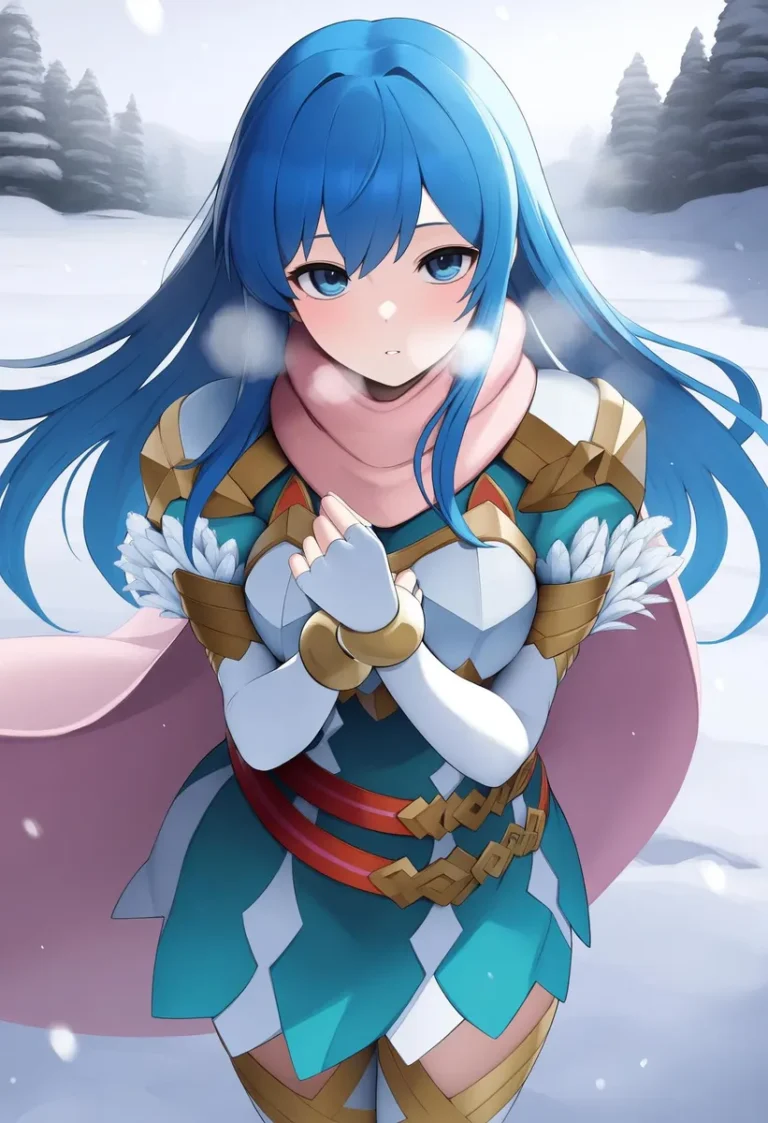 Anime girl with blue hair in winter landscape, wearing a teal dress and pink scarf, looking at the viewer.