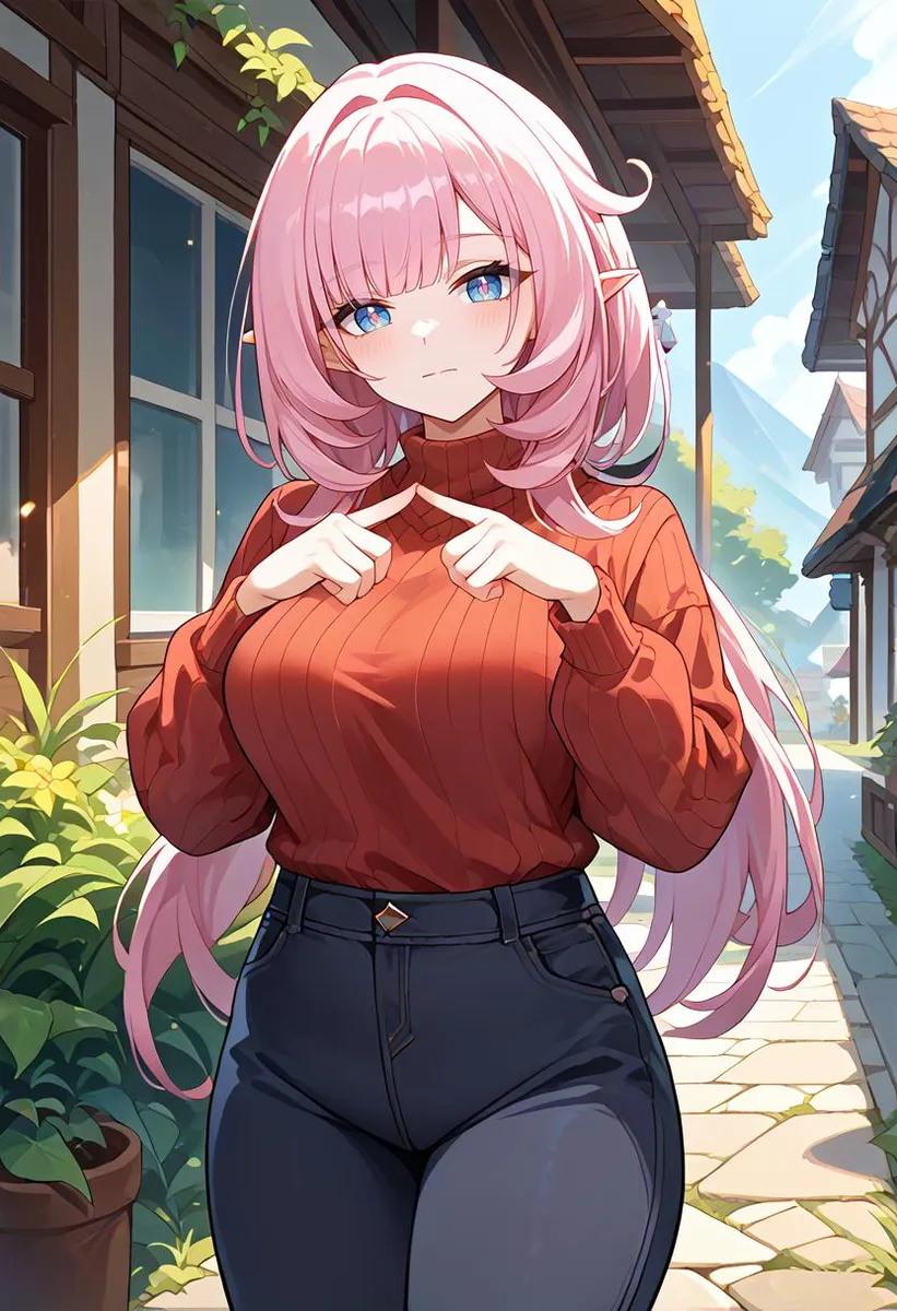 A mature female with long pink hair, pointy ears, and a sweater stands outdoors with a shy expression, creating a serene atmosphere.