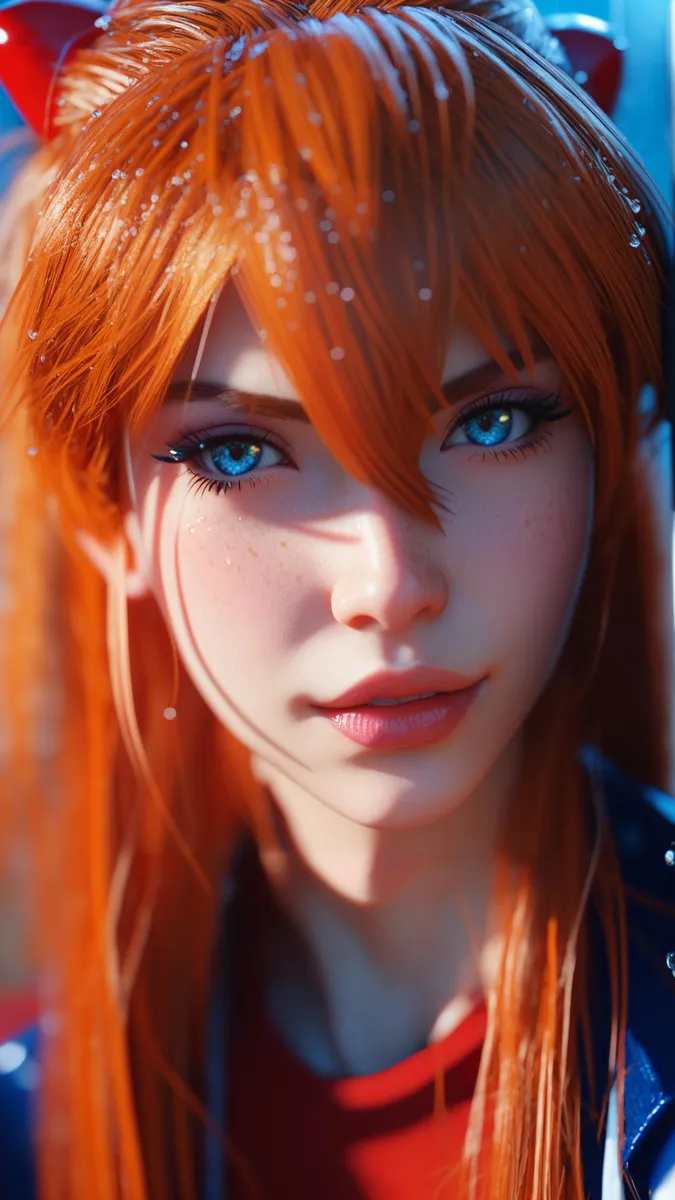 3D anime style portrait of a girl with orange hair, blue eyes, and freckles seen in a close-up view. Features realistic textures and depth of field.