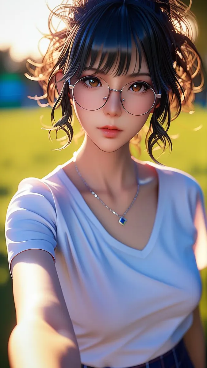 3D anime style girl with glasses, short black hair, and a white shirt standing outdoors with a blurry background.