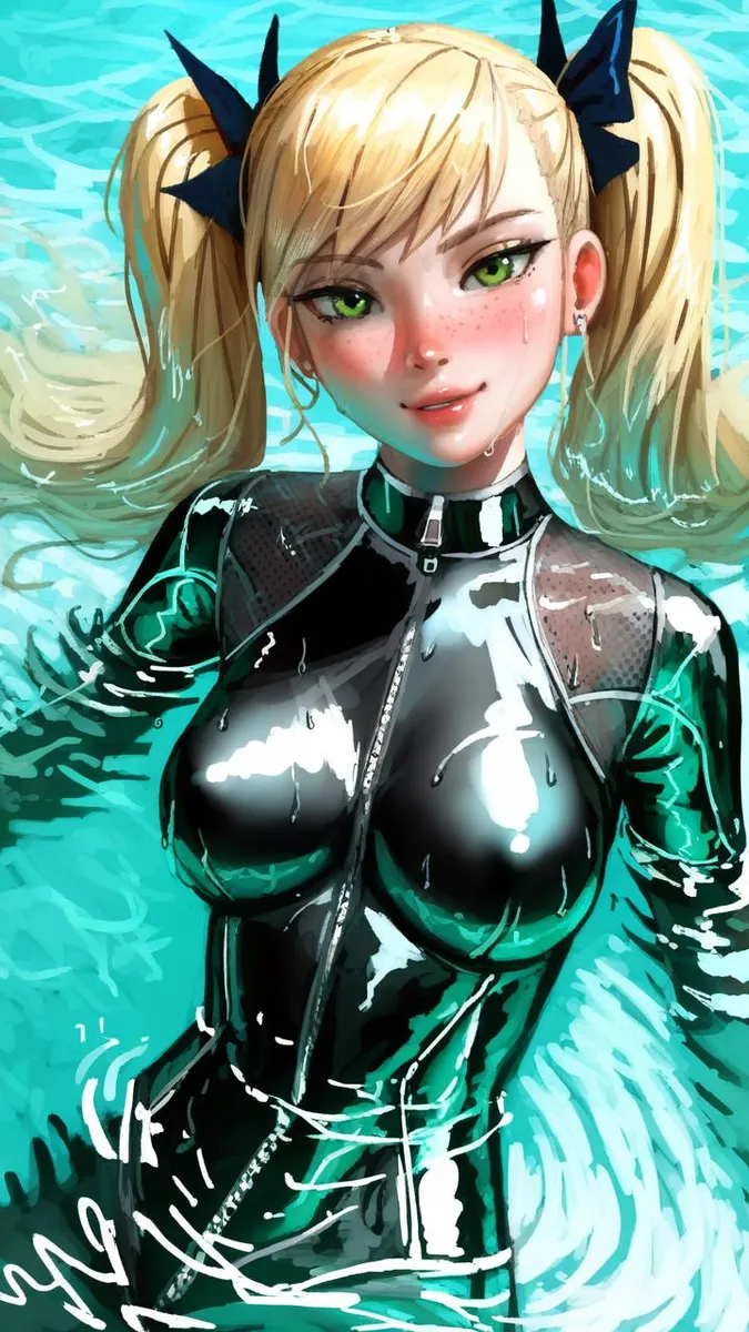 3D anime style girl with blonde twintails, green eyes, and a shiny black bodysuit partially submerged in water.