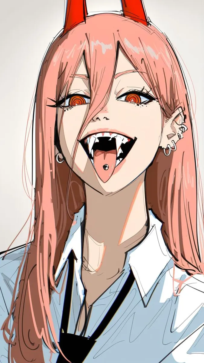 3D anime style girl with pink hair, red eyes, red horns, sharp teeth smiling, wearing earrings and a collared shirt.