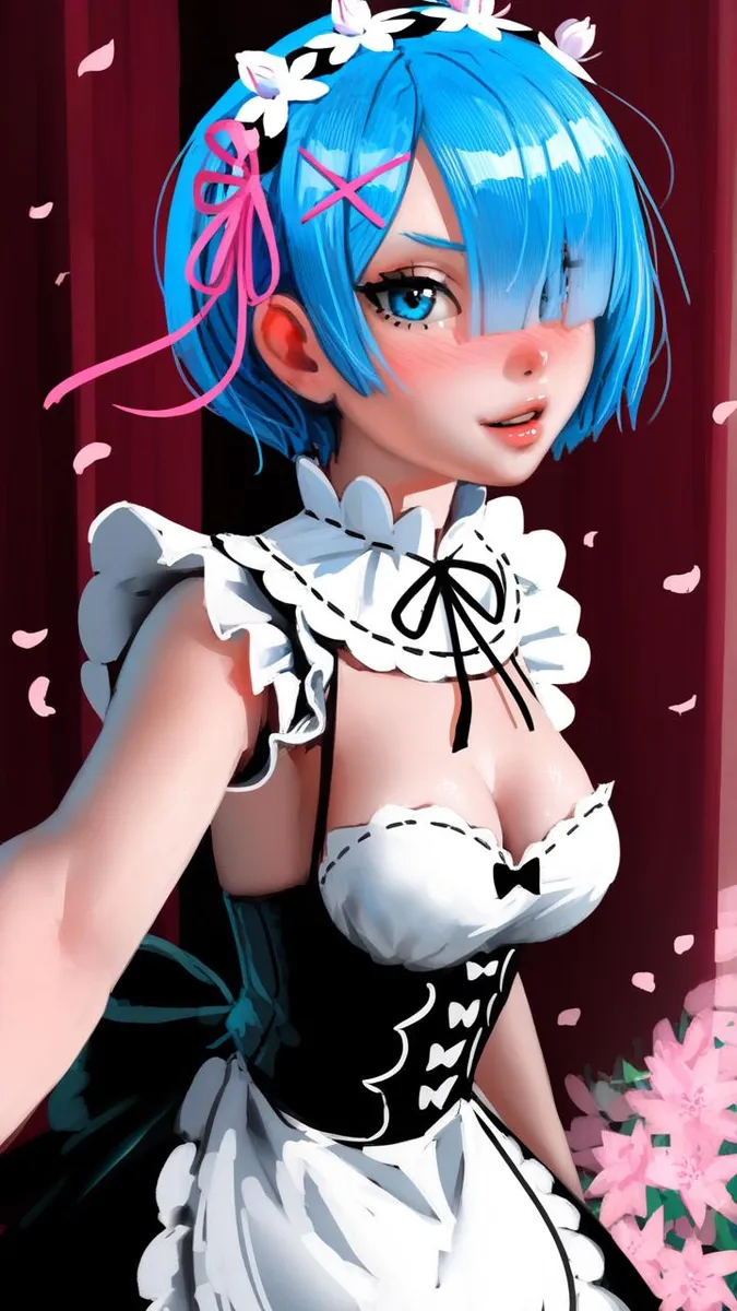 3D anime-style girl with blue hair and maid outfit, blushing.