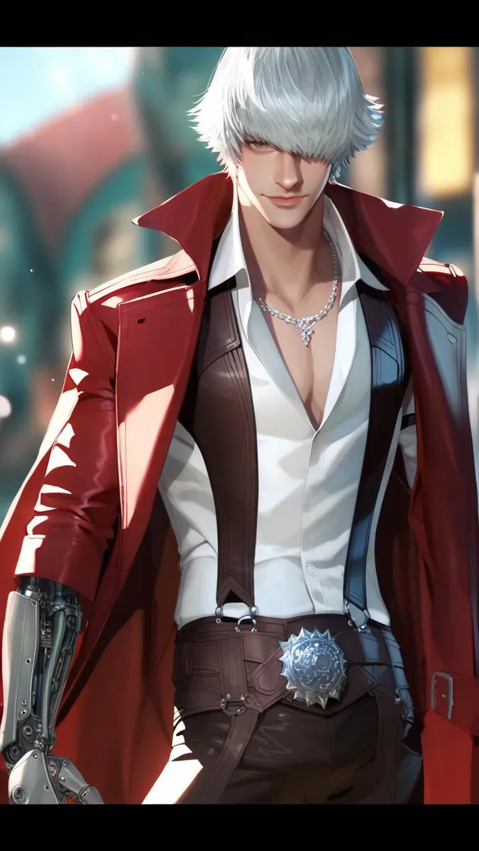 3D anime male with white hair and mechanical arm in red coat.