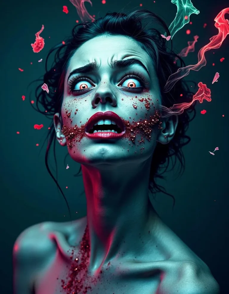 Abstract image of a young woman with distorted features and emotions physically leaking from her body in a mix of black-and-white and bright colors.