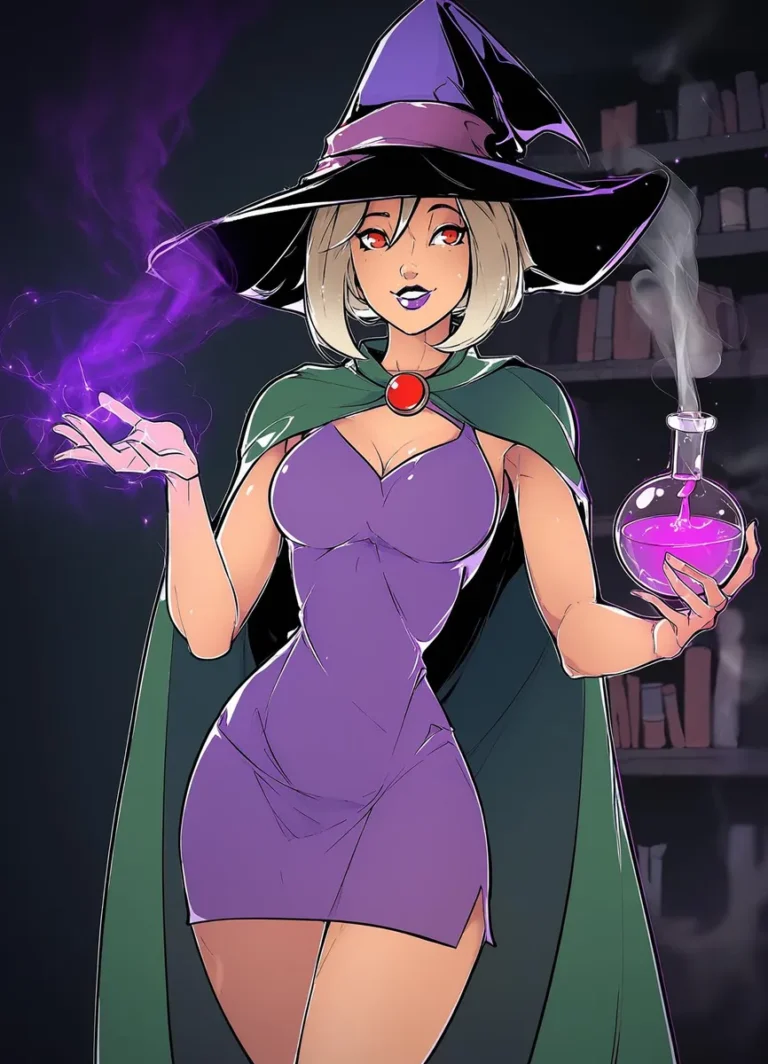 A blonde witch in a purple dress and hat, holding a glowing potion in an alchemy lab.