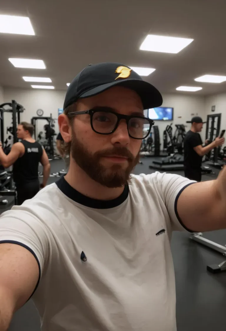 An amateur selfie of a man in a gym with a beard, glasses, and a hat, captured with a nostalgic film grain style, showcasing motion blur and low resolution.