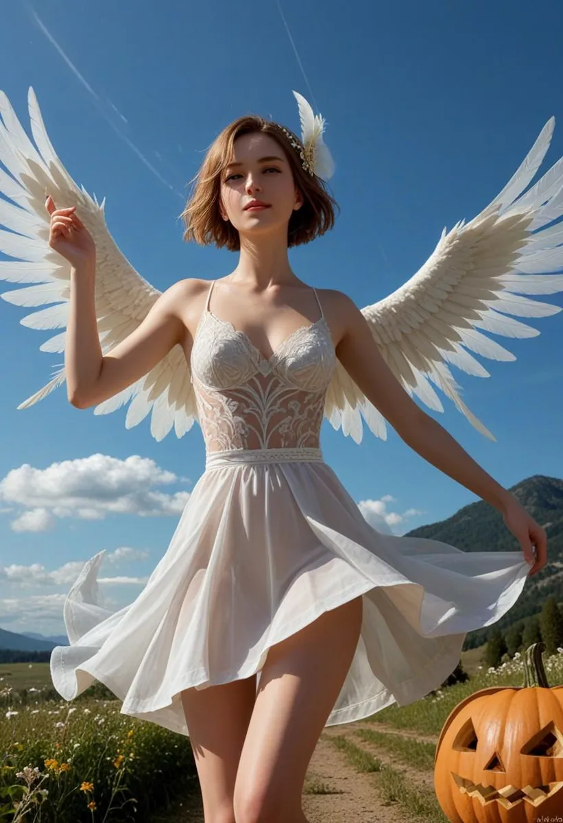 A woman with angelic wings wearing a see-through white dress, set in a Halloween-themed landscape with pumpkins.