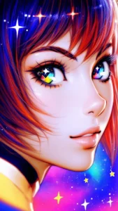 Close-up of an anime boy with sparkling eyes surrounded by colorful stars.