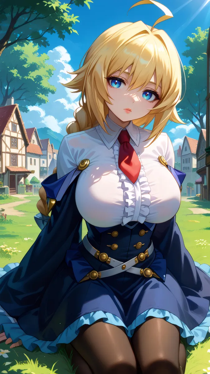 Anime girl with blonde hair and blue eyes sitting outdoors in a village, wearing a blue dress with frills and a red necktie.