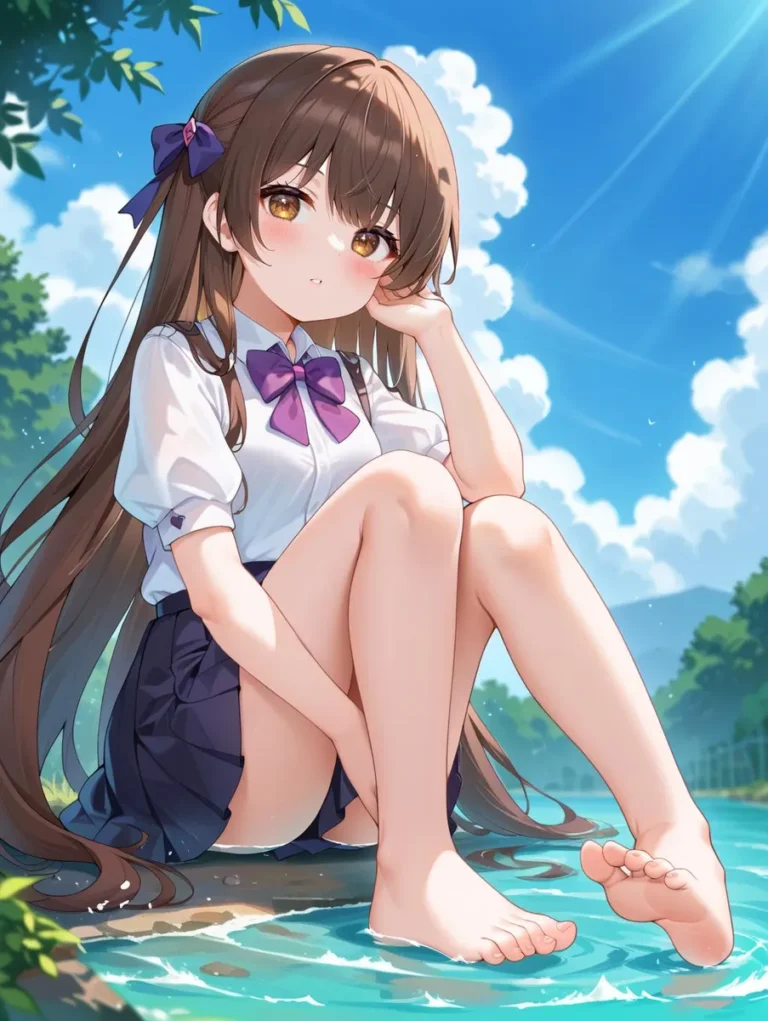 Anime girl with long dark hair sitting outdoors, wearing a white shirt and purple bow.