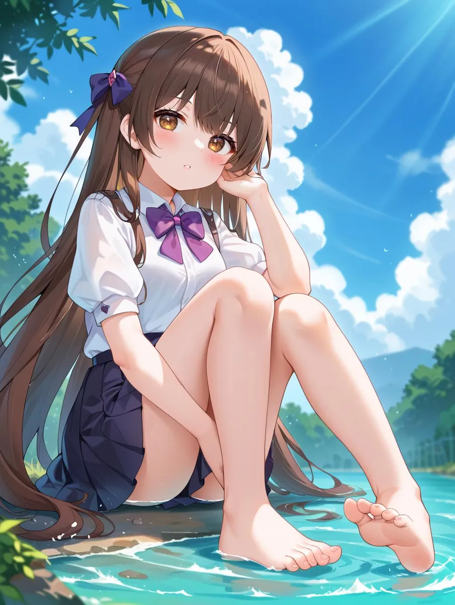 Anime girl with long dark hair sitting outdoors, wearing a white shirt and purple bow.