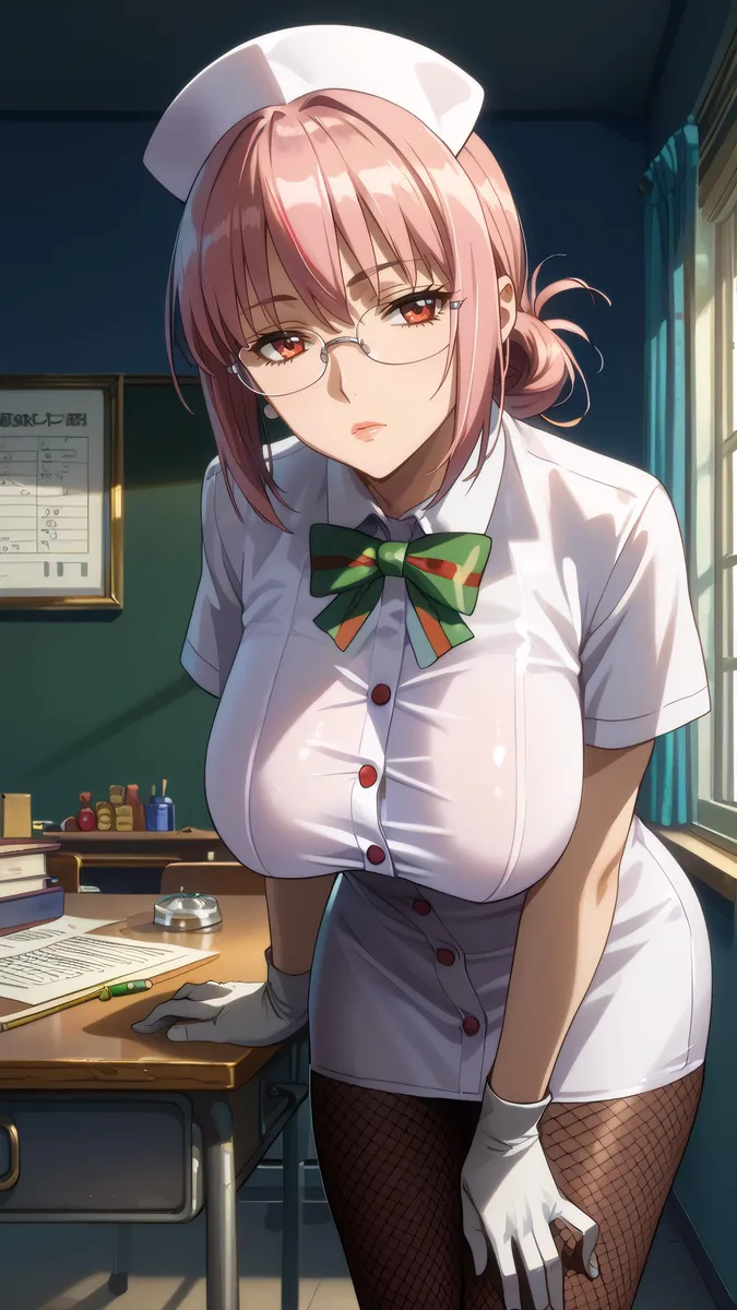 Anime-style nurse with pink hair and red eyes, dressed in a white uniform with fishnet pantyhose, standing in an infirmary.