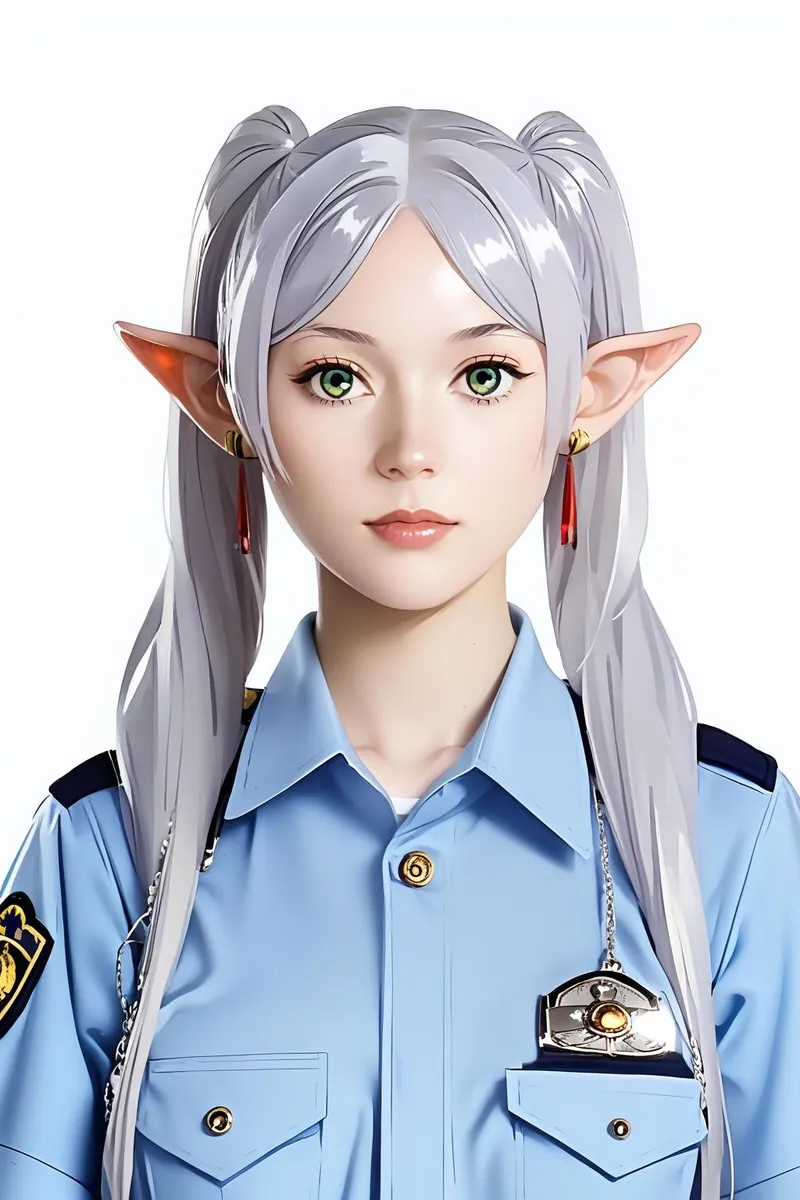 Anime-style policewoman with gray hair, green eyes, and elf ears in a detailed Japanese police uniform.