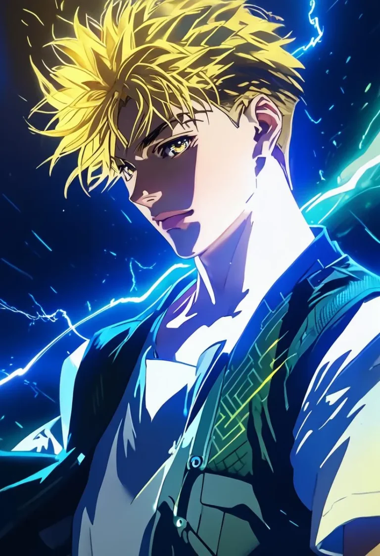 Anime portrait of a blonde male with an electric aura and dynamic lighting, wearing a shirt and vest against a lo-fi background.