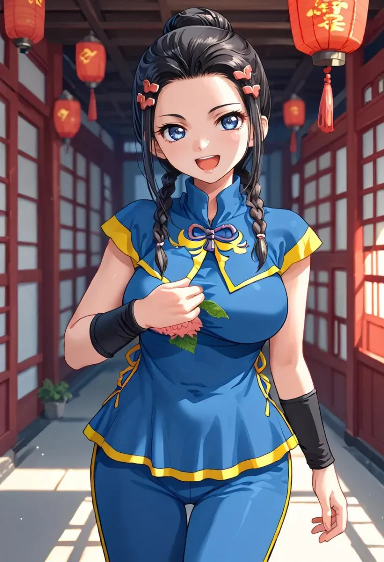 Anime character with black hair in a blue Chinese dress, smiling and looking forward.