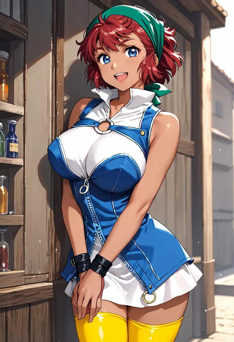 Anime character with red hair and blue dress, smiling in the street.