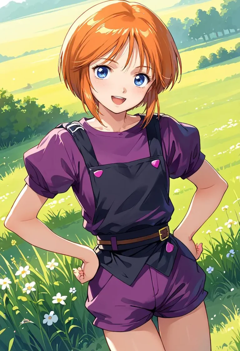 Anime girl with orange hair and blue eyes in a purple outfit standing in a grass field, showcasing a cowboy shot with a 1990s style.