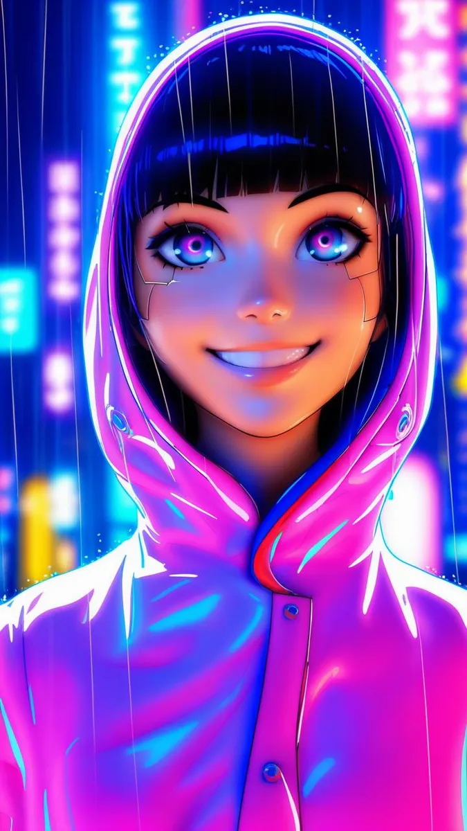 Anime portrayal of a teen girl in a futuristic cityscape, wearing a neon raincoat under vibrant cyberpunk lighting.