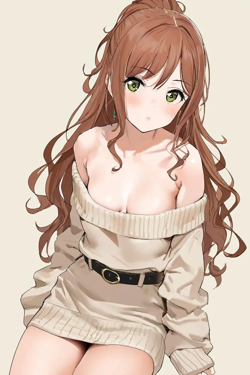 Anime girl with green eyes, wearing a beige off-shoulder sweater and a belt, against a simple background.