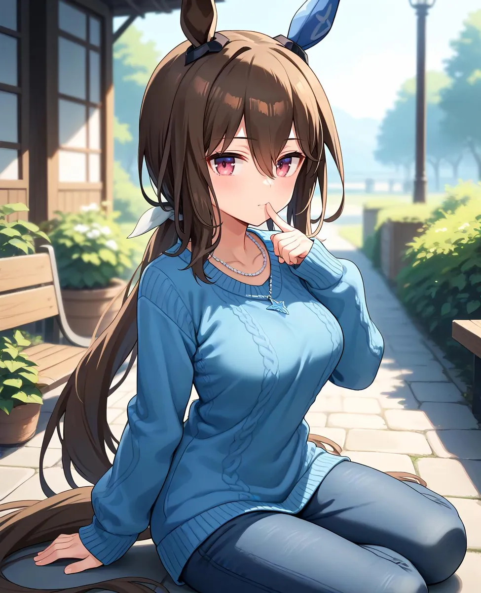 Anime girl with horse ears sitting casually, wearing a blue sweater and denim pants in an outdoor setting.