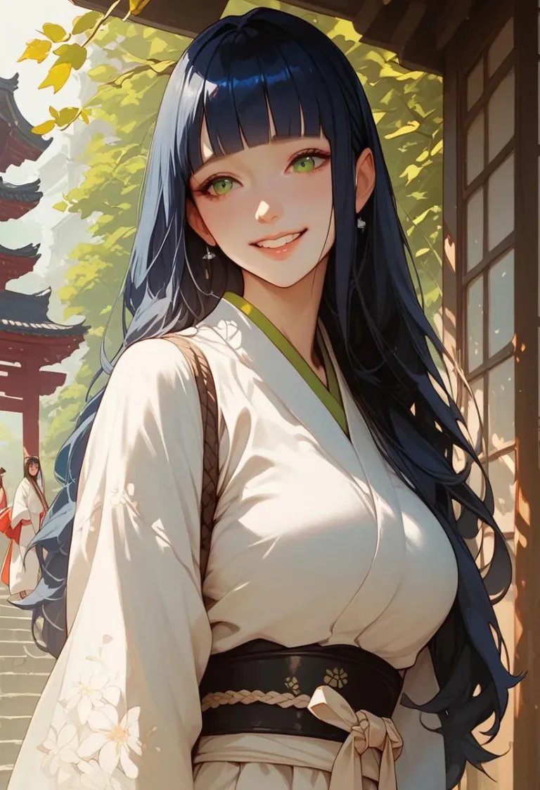 Anime girl with dark blue hair and green eyes in Japanese clothes, standing at a temple.