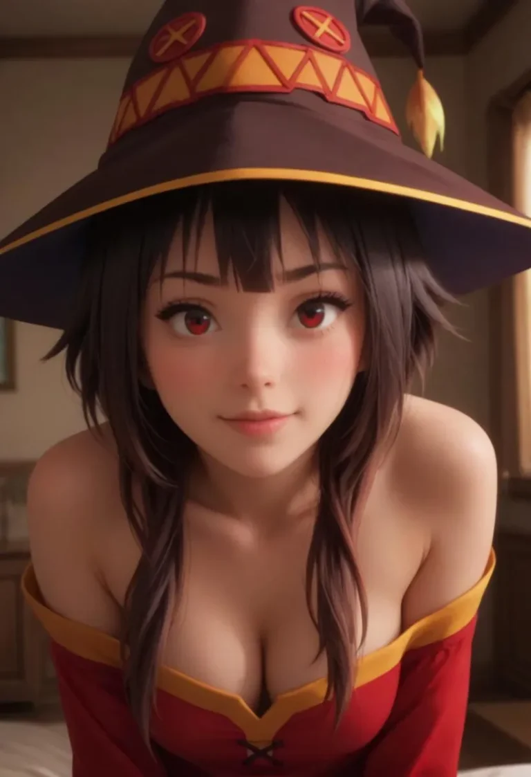 Photorealistic depiction of an anime girl with black hair and red eyes, smiling in a living room, wearing a distinctive hat.