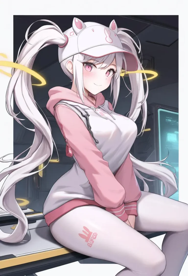 Anime girl sitting indoors with pink eyes, white hair, and a white hoodie in a sci-fi setting.