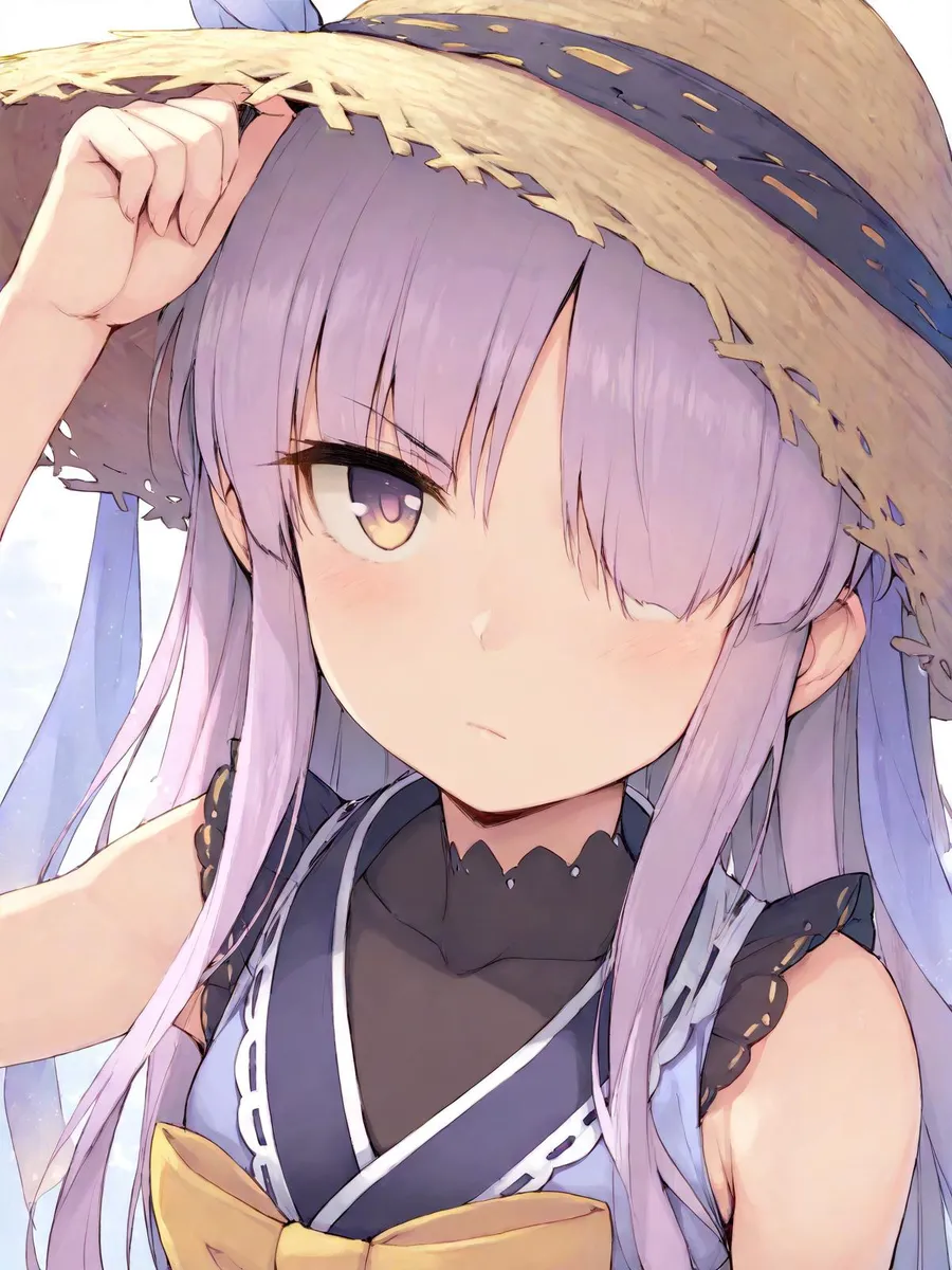 Close-up of an anime girl with lavender hair wearing a straw hat.