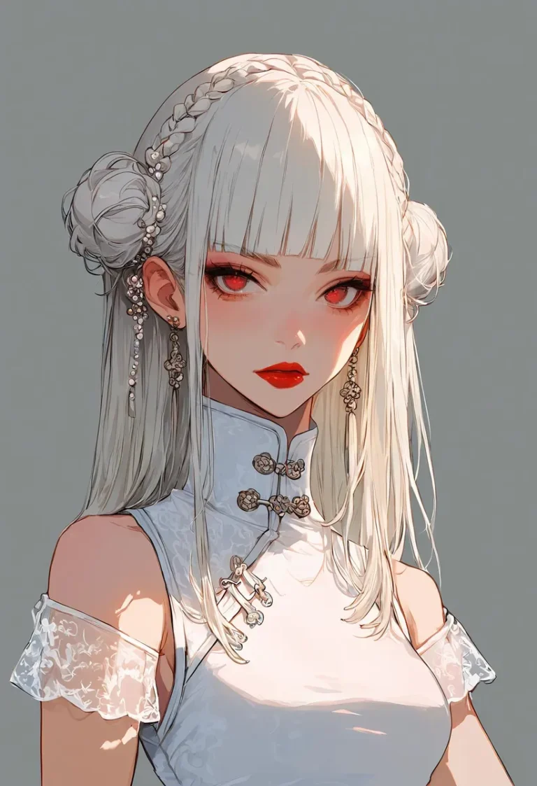 Anime girl with intense white hair and high-neck Chinese dress.