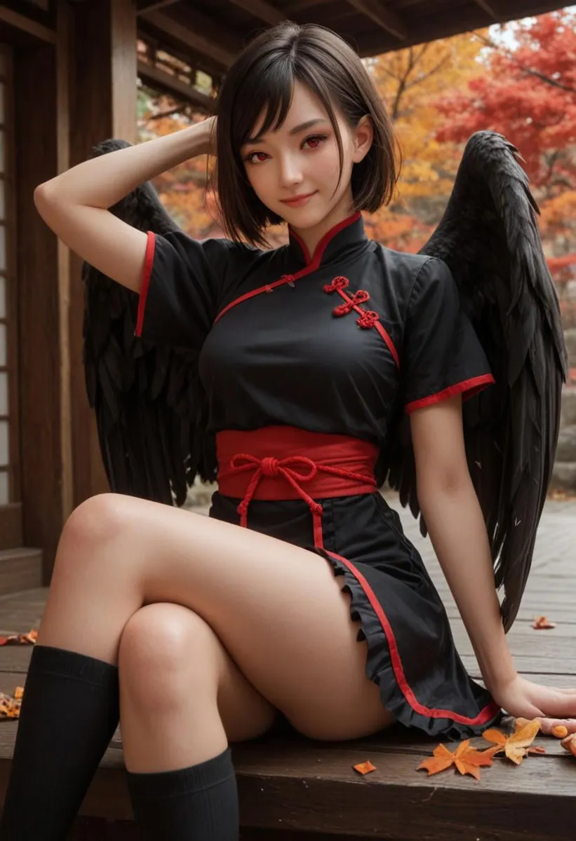 Anime girl with black hair and wings, wearing a black kung fu dress and kneehighs, sitting surrounded by autumn leaves and Japanese architecture.