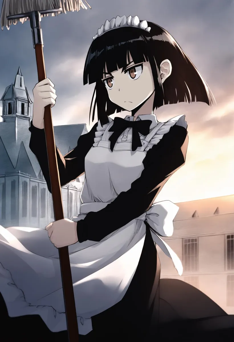 Anime maid with black bob cut, dressed in black and white in front of a mansion, holding a mop.