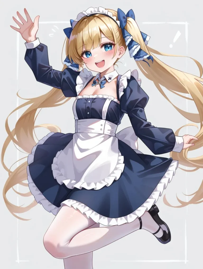 Anime girl with blonde twintails in a maid outfit, smiling.