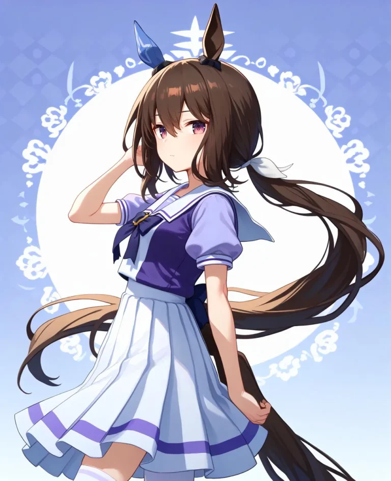 Anime girl in a Tracen school uniform with horse ears, standing in profile. Purple shirt, white pleated skirt, and sailor collar.