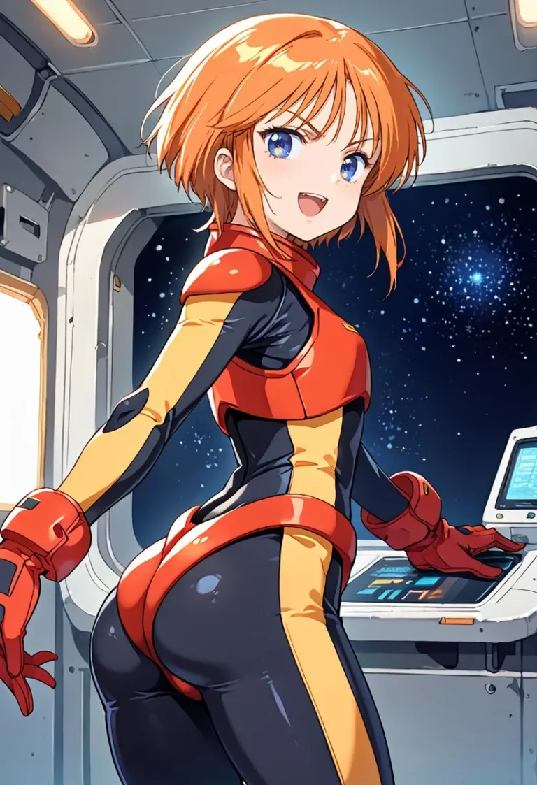 Anime girl with orange hair in a black and red pilot suit, standing in a space base, looking back with a smile.